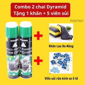 COMBO 2 Chai Xịt Dyramid  tẩy rửa vệ sinh nội thất Ô tô ghế da, vô lăng, taplo dạng bọt tuyết, nắp có sẵn bàn chải bình 650ml
