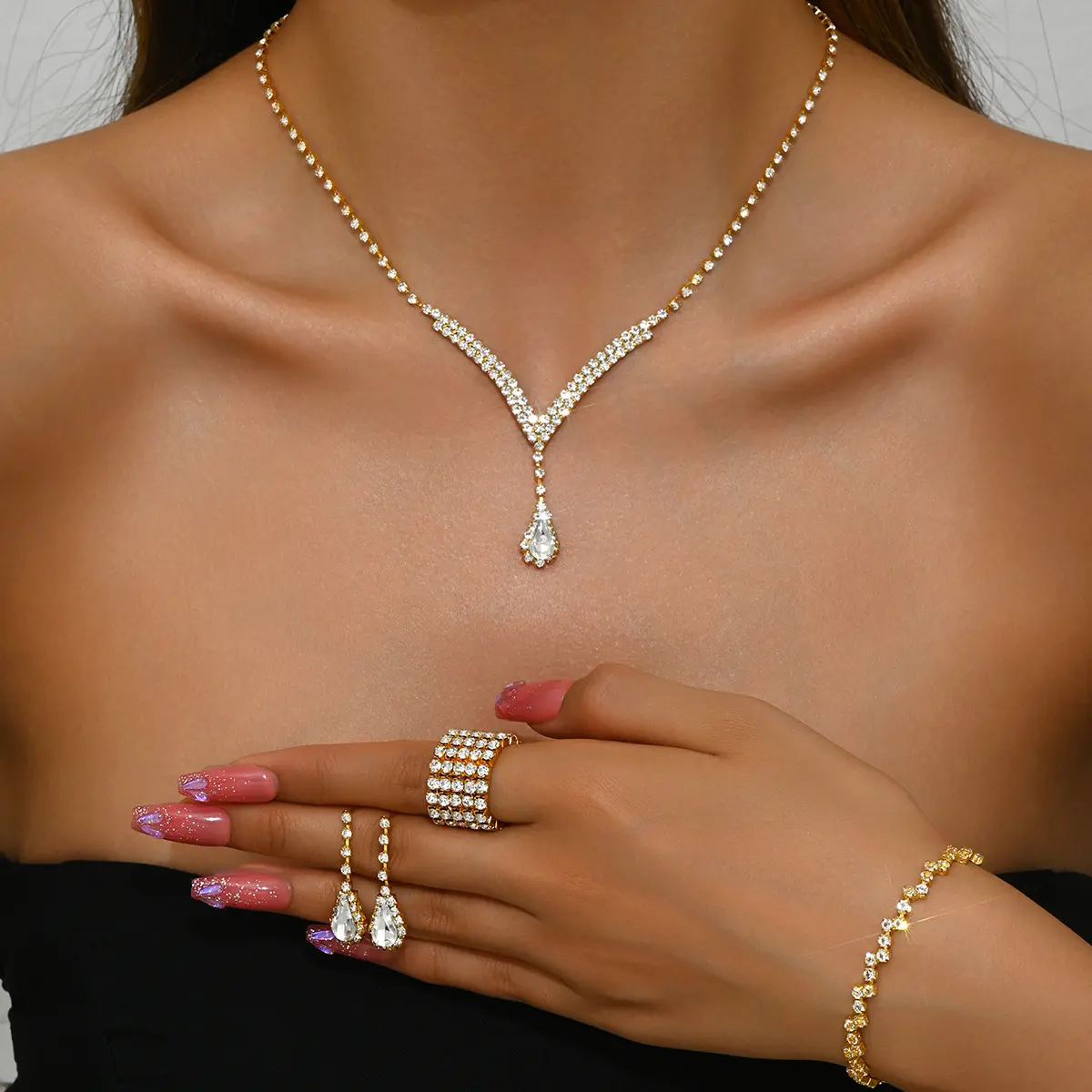 Cross-Border E-Commerce Bride Jewelry for Girls European and American Rhinestone Necklace Earrings Earrings Wedding Jewelry Suit