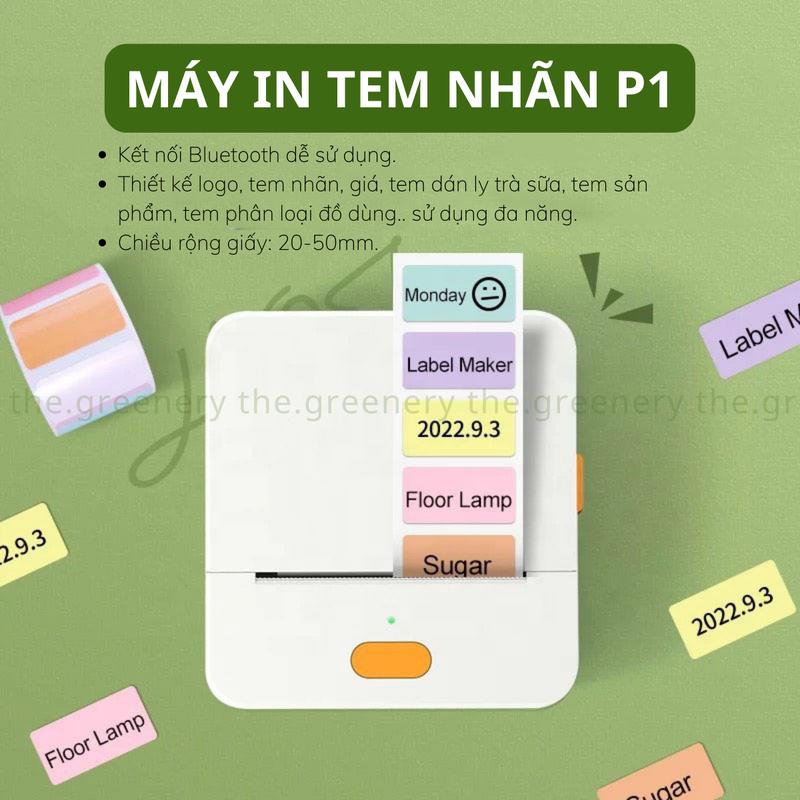 Máy in tem nhãn, máy in nhiệt mini cầm tay The Greenery-P1 kết nối bluetooth không dây, dễ sử dụng - thiết kế tem nhãn,tem giá, tem dán ly trà sữa, tem sản phẩm có chiều rộng giấy từ 20-50mm. may  in don hang
