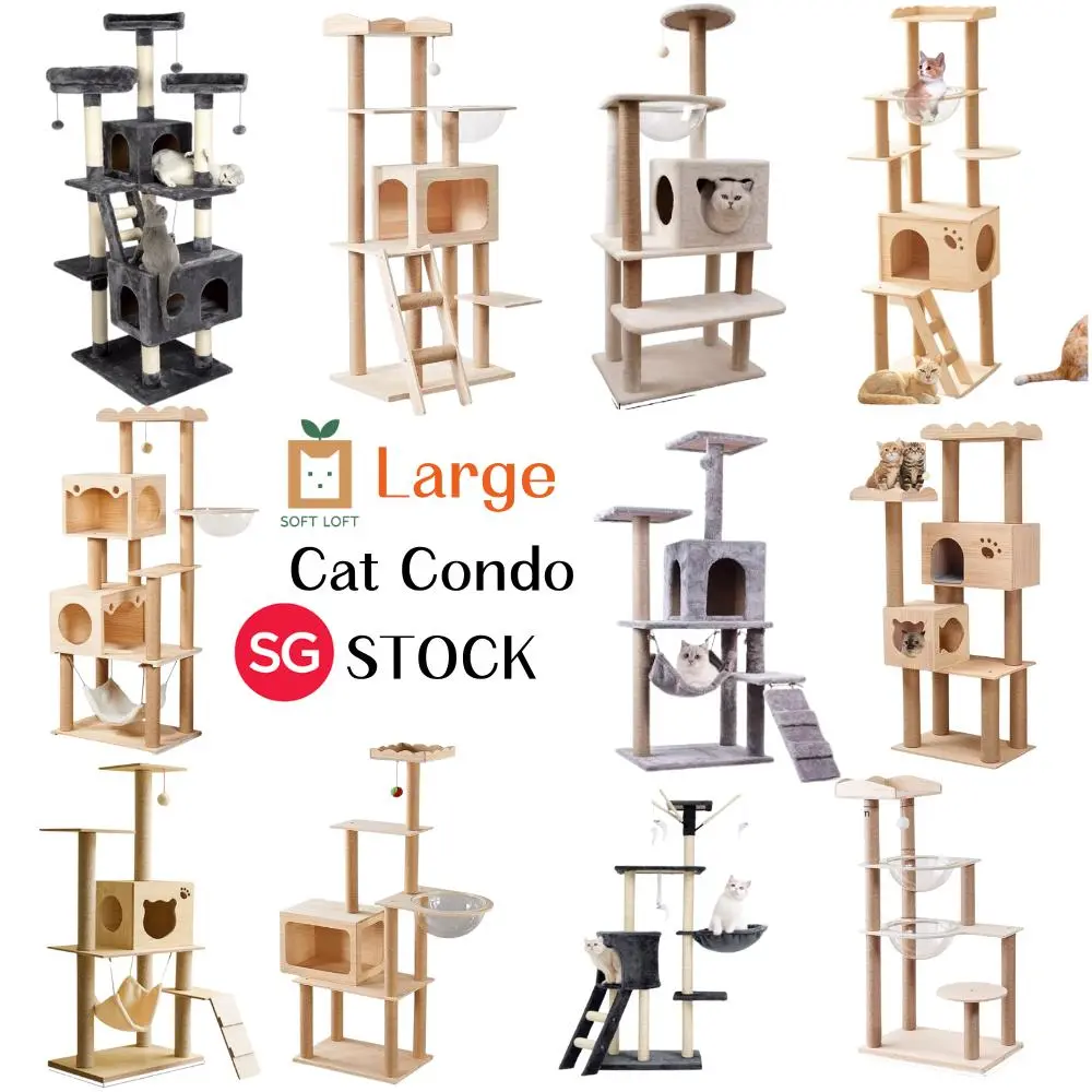 [Sg] Cat condo cat pole Scratching Tree with Hammock Cat Condo Wooden Cat House Cat scratcher post Cat toy/Pet Large Condo