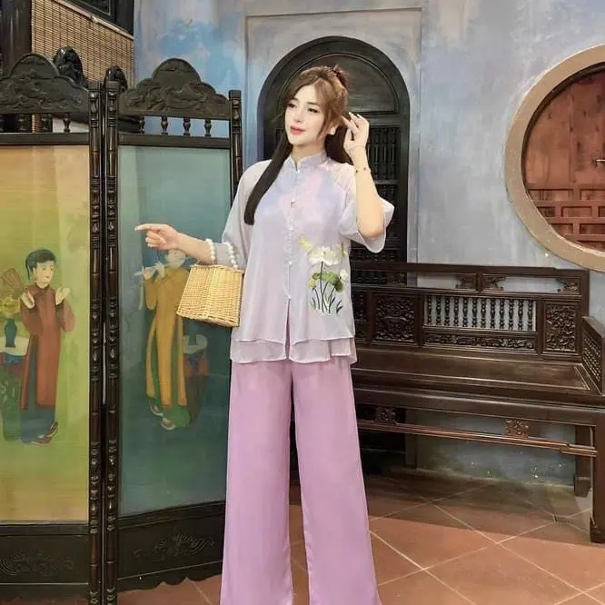 Bộ pháp Phục Linh Đan, Bộ quần áo đi chùa chất liệu tơ 3 lớp thêu hoa thanh đình Nữ 4