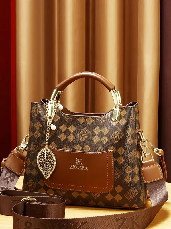 Summer Outfits 2024 Vintage Presbyopia Geometric Print Handbag for Women, New Trendy Bowknot Twilly Satin Scarf Decorated Pu Leather Pocket Designer Commuter Crossbody Bag, Everyday Bag 3