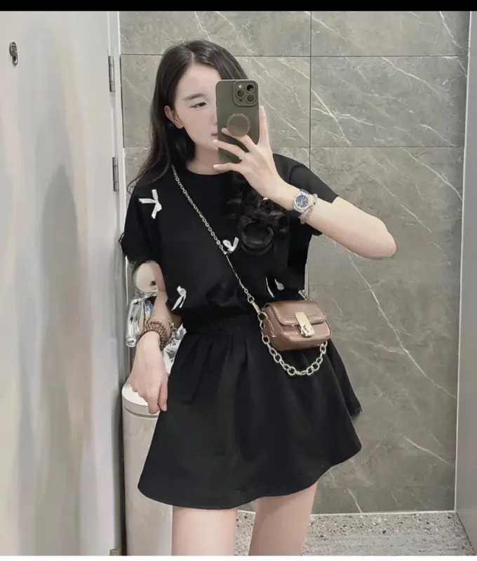 Bộ quần áo tay hến đính nơ nhún eo kèm quần sooc MS33 Nữ Women Kem Top 1