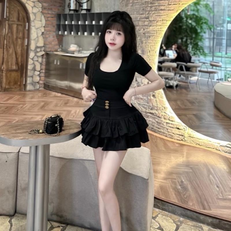 Sét Bộ Áo Thun Cổ Vuông Chân Váy Xoè Tầng Bigsize Kim Ngân M/L/XL/XXL SBX110 Nữ