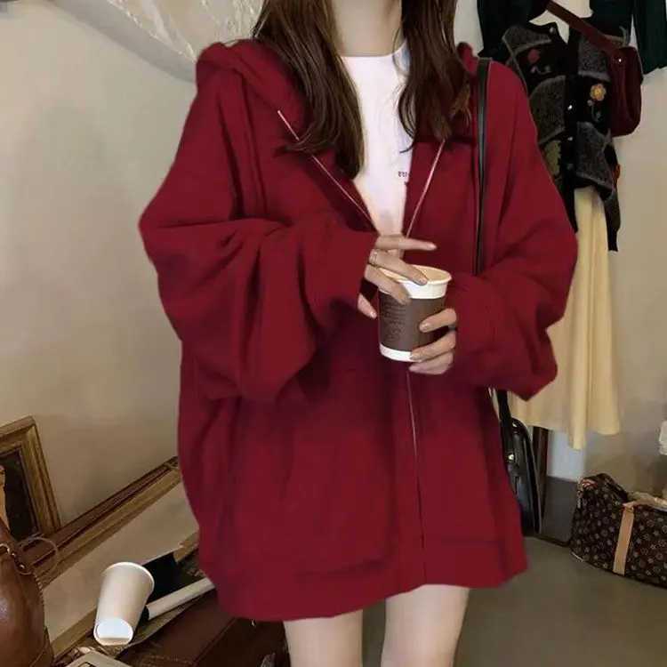 hoodie zip xinh đi học,Áo Nỉ Có Khóa Kéo Có Mũ Màu Đỏ, Áo Khoác Len Dài Tay, Áo Học Sinh Nữ,áo hoodie zip nữ đẹp，áo hoodie nữ form rộng