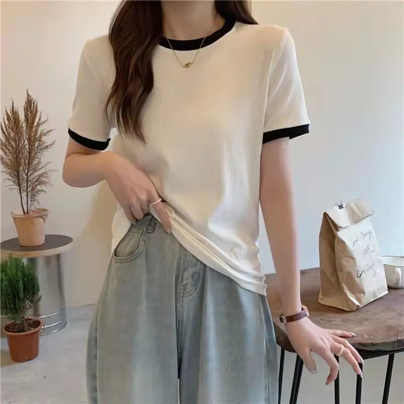 Áo Thun ngắn Tay Dệt Kim, Dành Cho Nữ, Co Giãn Mỏng Vừa Vặn, Màu Trơn Thích Hợp Để Xếp Lớp, Hàng Mới Về Mùa Hè 2024, Áo 6