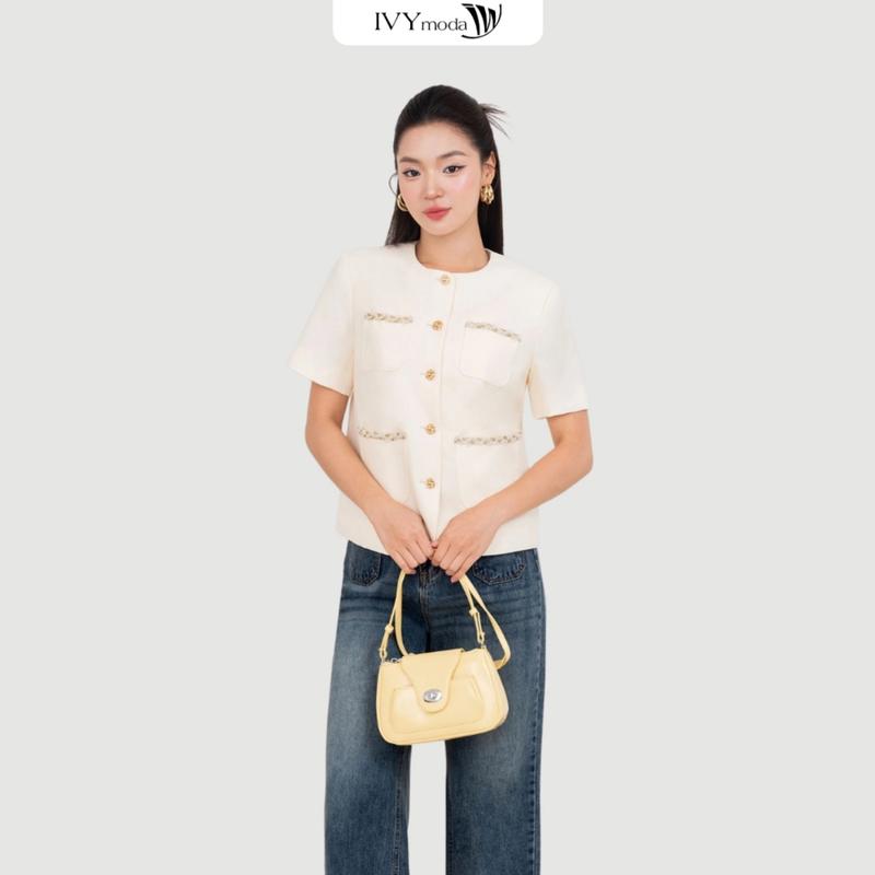 Parisian Charm Blazer – Áo tuytsi phối tweed, Áo công sở dự tiệc nữ IVY moda MS 67T0249