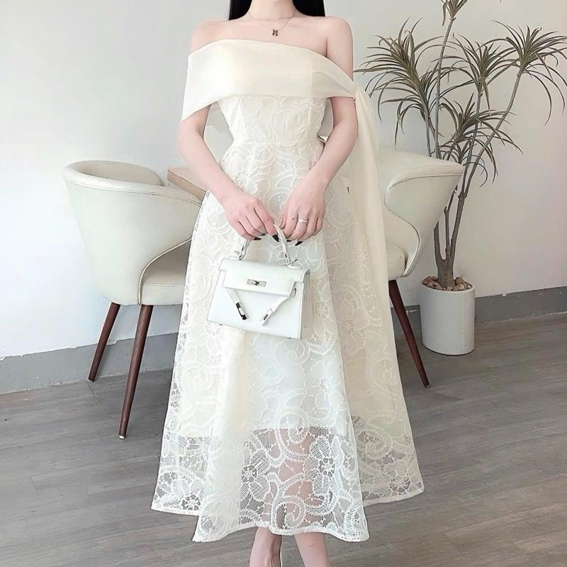 Váy thiết kế ren trễ vai dáng dài phối tơ NQtl2 5