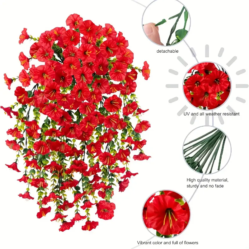 2-Pack UV Resistant Artificial Morning Glory Hanging Bouquets with Eucalyptus Leaves - Plastic Fake Daisy Plants for Outdoor Yard, All-Season Home Decor, Wedding and Engagement, Christmas, Halloween, Easter, Hanukkah, Thanksgiving No Cont Decorative Fruit 4