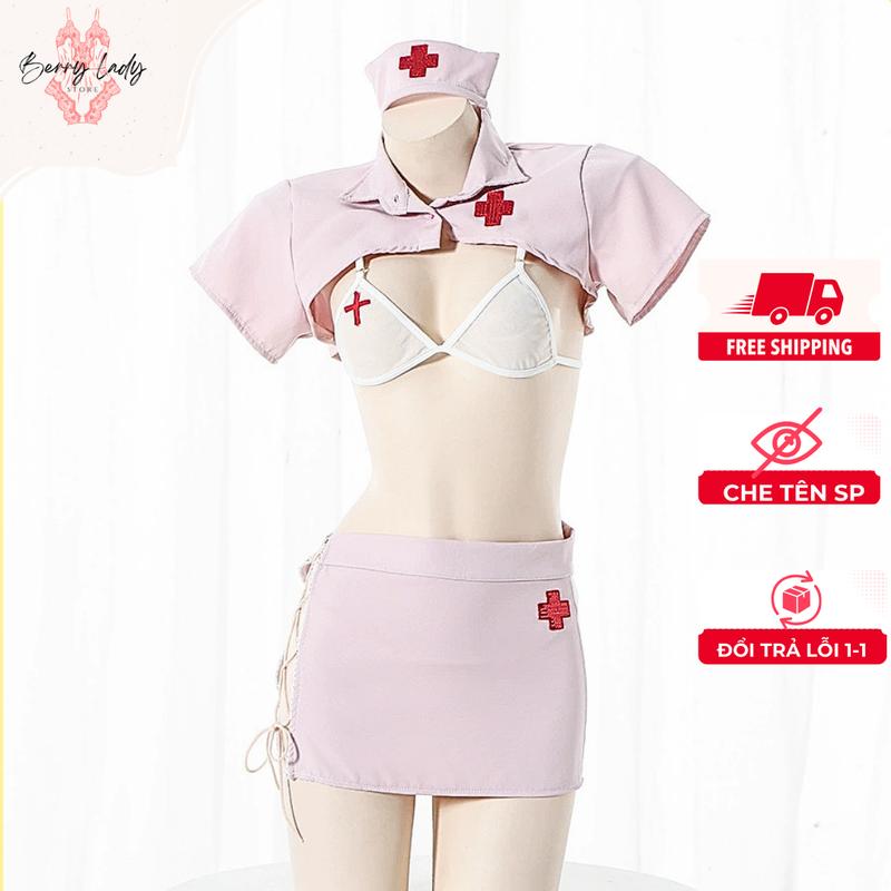 Váy ngủ nữ Y Tá mau Hồng kèm váy đan dây bộ đồ cốt lây sexy trang phục & phụ kiện cosplay hầu Women