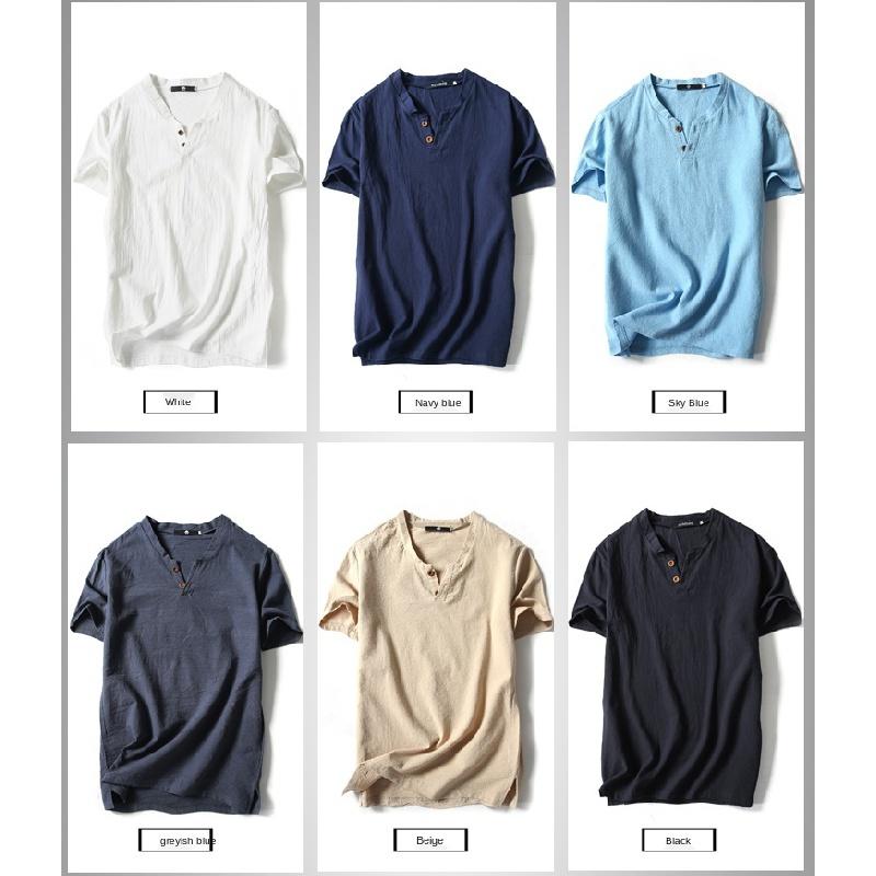 Men's Plain Shirt V-neck Tshirts Japanese Harajuku Cotton Linen With Buttons Csual Short Sleeves White T shirt  Big Size 4XL 5XL 1