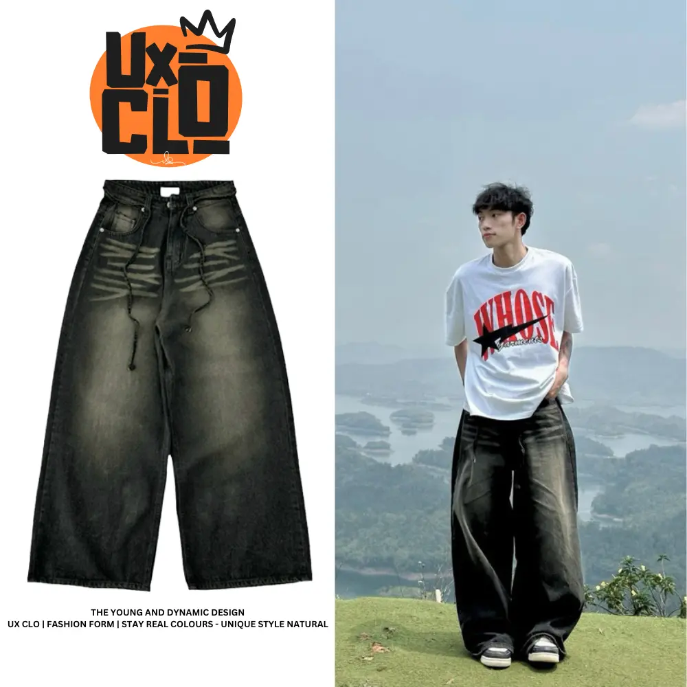 Quần Jean Ống Rộng Nam Nữ Phối Dây - FLAV BAGGY JEANS - UX CLO - UXC14