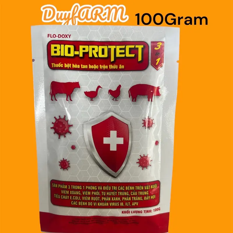 BIO-PROTECT THUỐC PHÒNG VÀ ĐIỀU TRỊ BỆNH CHO VẬT NUÔI gói (100g) viêm phổi và thương hàn, tụ huyết trùng, crd, tiêu chảy, viểm ruột, e coli, sỗ mũi nhiễm trùng, phân xanh trắng, chướng bụng, đầy hơi 6