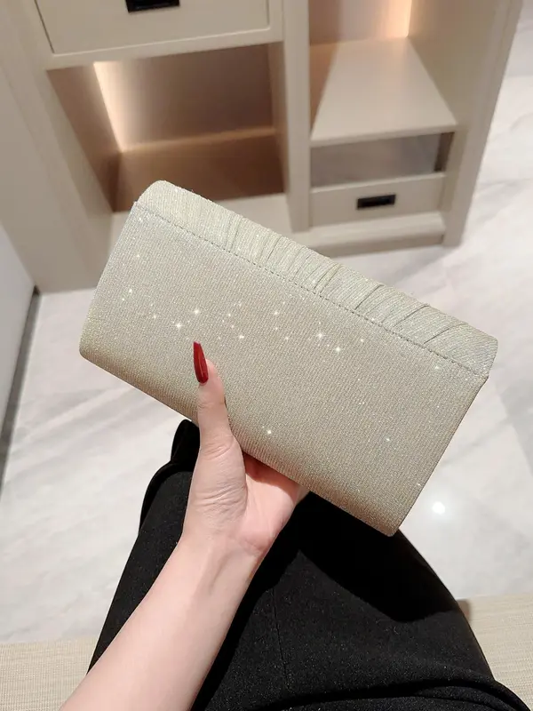 Elegant Solid Color Metal Bar Decor Glittery Flap Clutch With Chain Strap, Women's Evening Bags For Party Wedding 3