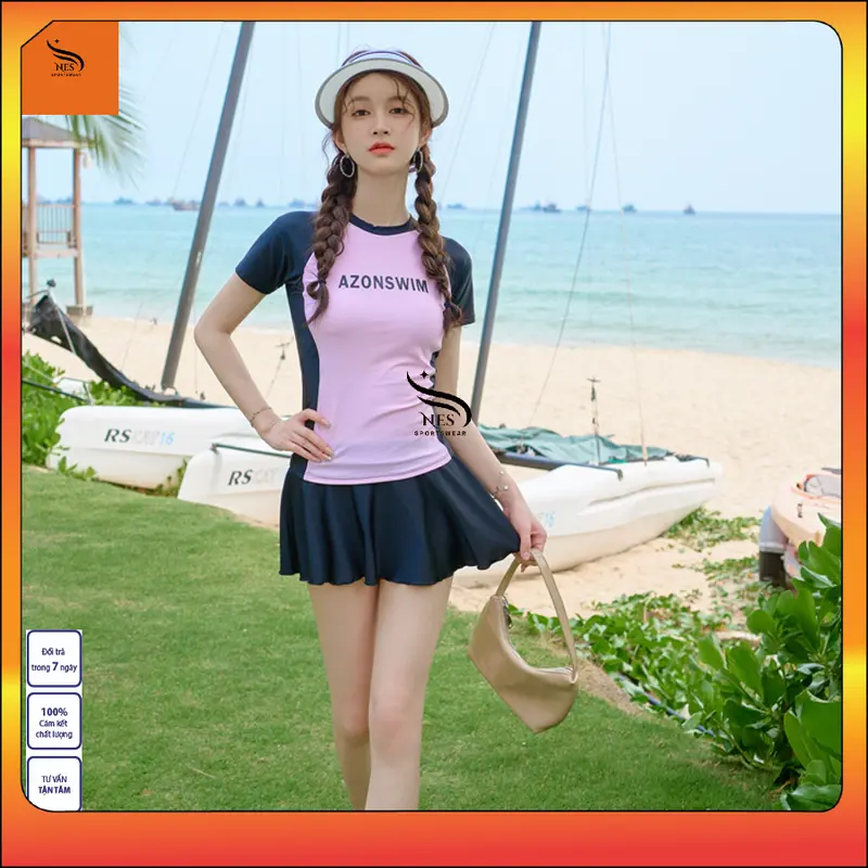 NES Bikini Bộ váy bơi 2 mảnh áo phối hồng in chữ ngắn tay, chân váy có quần short bảo hộ bên trong kín đáoTNS 071 - chất liệu thun 4 chiều, co giãn cao, kháng khuẩn, UPF 50+ 7