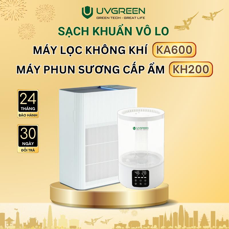Combo Máy Lọc Không Khí Diệt Khuẩn UVGREEN KA600 60m2 + Máy Phun Sương Tạo Ẩm Phun Khuếch Tán Tinh Dầu Tự Động Khử Khuẩn UVGREEN KH200 - UVC LED Làm Sạch Không Khí Phòng Ngủ - Bộ Lọc HEPA H13 Chống Vi Khuẩn - Air Purifier Kid - Humidifier Freezer