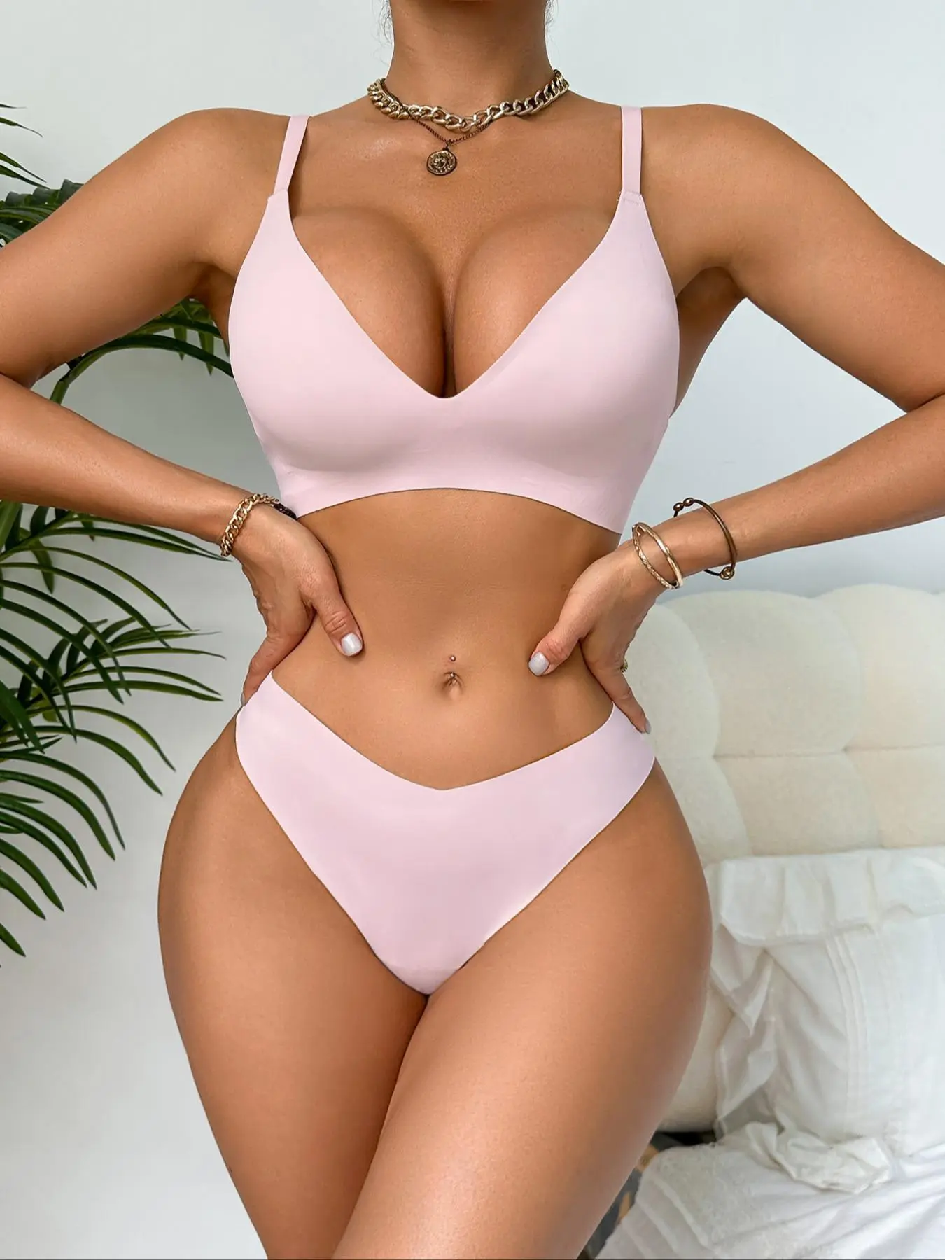 Women's Solid Wireless Bra & Panty Underwear Set, Casual Comfy Push Up Bralette & Knicker for Daily Wear, Lingerie Set for All Seasons