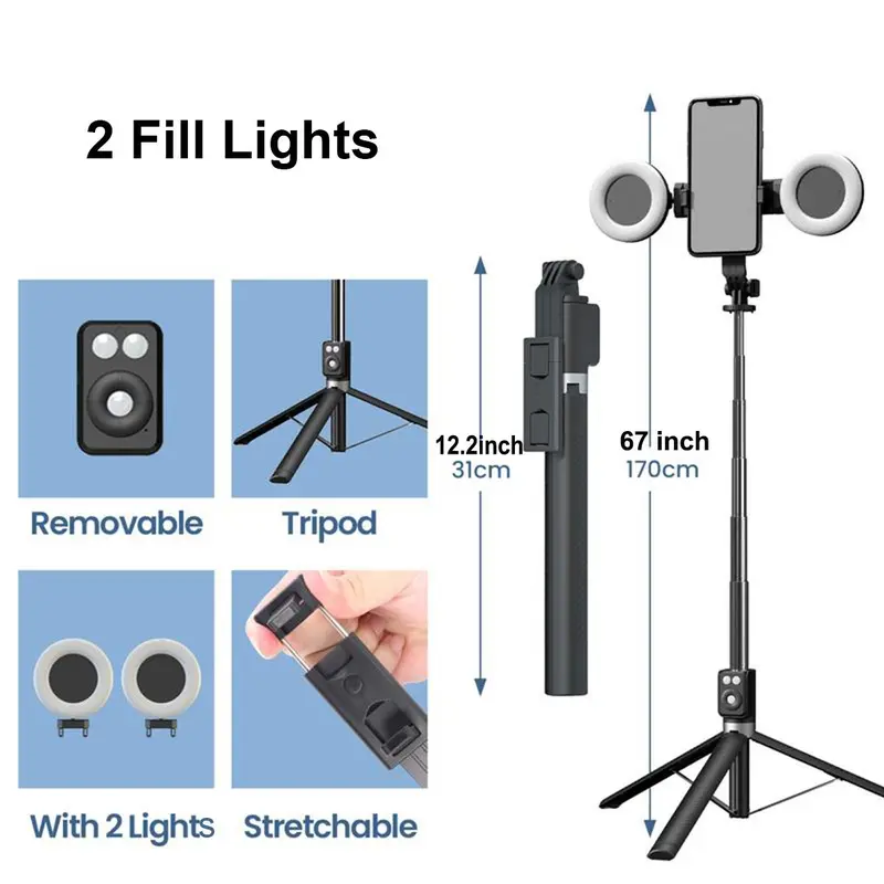 67 Inch Multifunctional Selfie Stick, Battery Powered Retractable Smartphone Tripod with Dual Beauty Fill Lights, Selfie Stick with Remote Control for Live Streaming 1