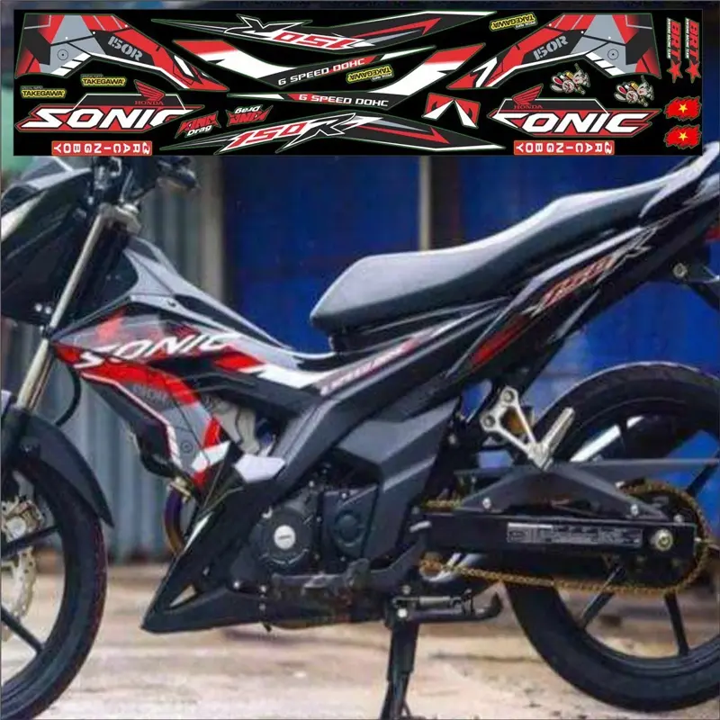 NHÃN DÁN TEM SONIC 150R ĐỎ ĐEN . MẪU TEM RS BẮT MẮT , DECAL 3 LỚP , MỰC IN SẮC NÉT , tem sonic 1