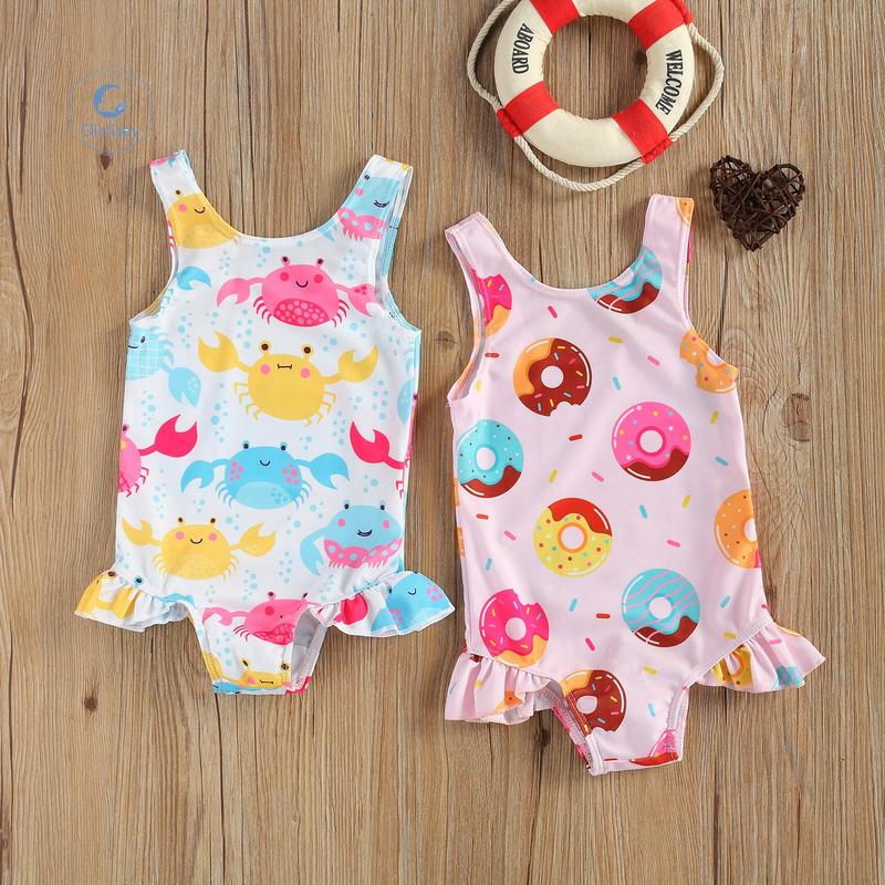 Qinlisey Breathable Little Girls One-piece Swimsuit, Summer Children Cute Crab/Donut Printing Sleeveless Swimwear for Vacation 8