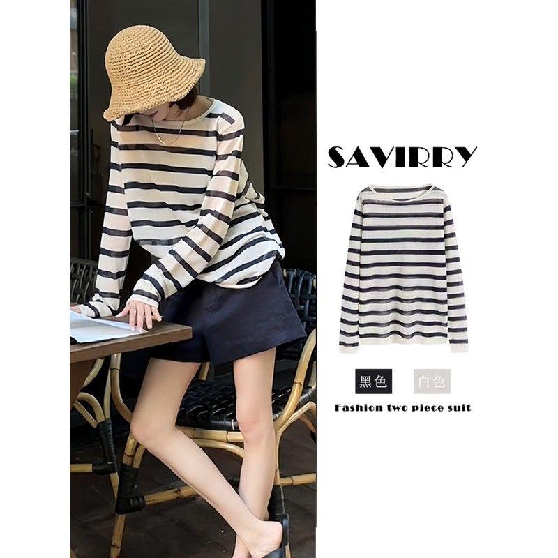 Áo Len Lụa Lạnh Chống Nắng, Dành Cho Nữ, Dài Tay, Áo Cánh Mỏng, Màu Tương Phản Đen Trắng Sọc, Thích Hợp Cho Phòng Điều Hòa Không Khí, Quần Áo Mới