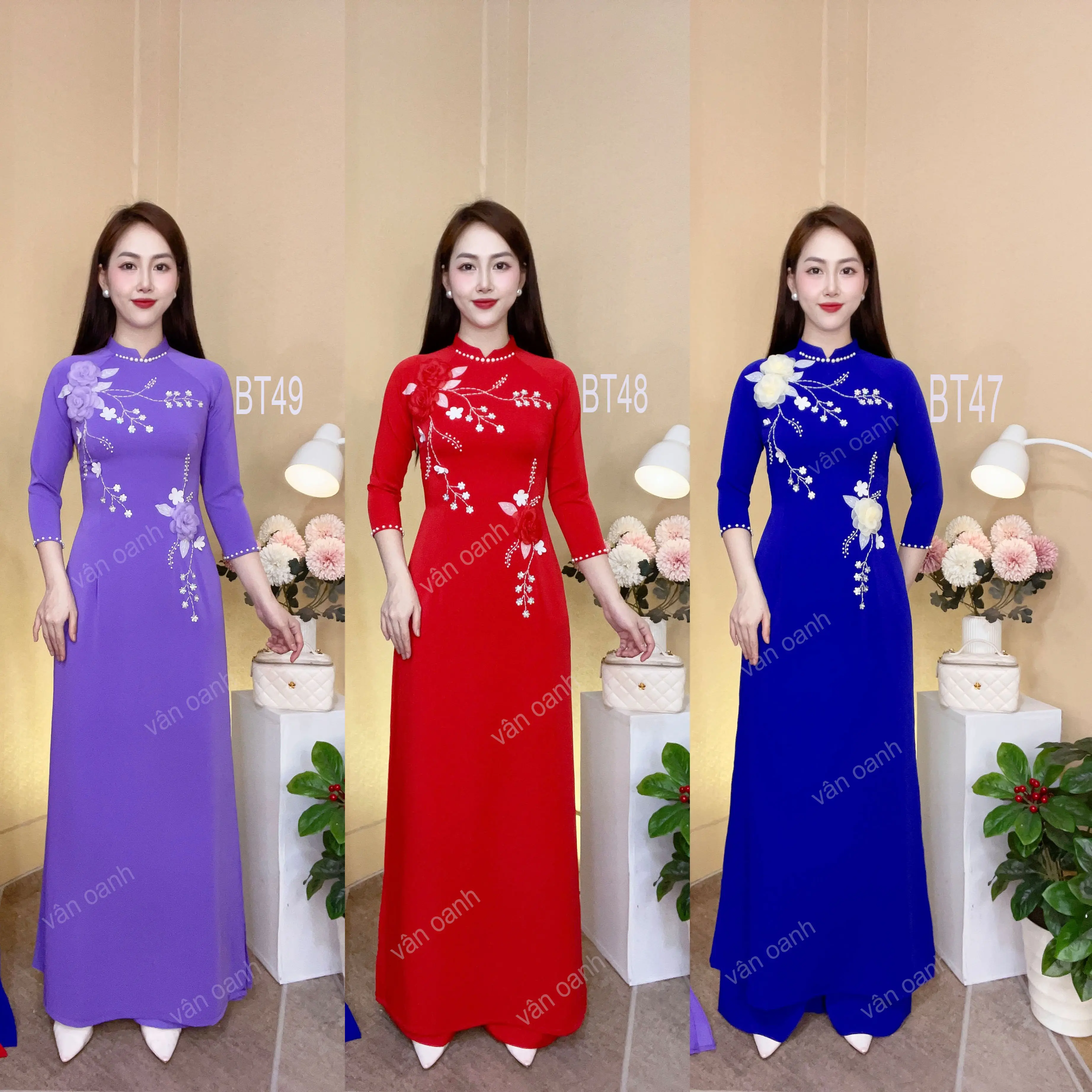 Áo Dài Thêu Hoa Nổi Thủ Công Chất Lụa Cao Cấp