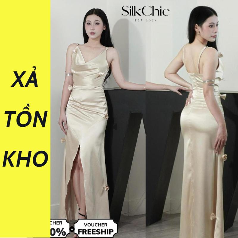 Đầm Lụa 2 Dây Xẻ Tà Kèm Hoa Lụa Sang Chảnh Quyến Rũ SC745 Váy Lụa Xẻ Tà Đi Tiệc Dạ Hội