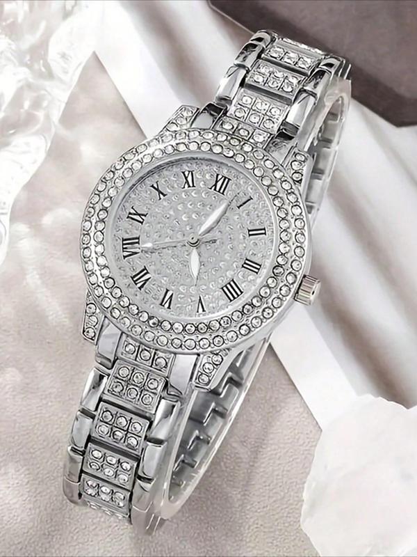 Women's Elegant Rhinestone Decorated Quartz Watch & Jewelry Set, Including Round Dial Watch & Bracelet & Ring & Pendant Necklace & Stud Earrings, Fashion Watch Set for Party, Daily Decor, without Box 3