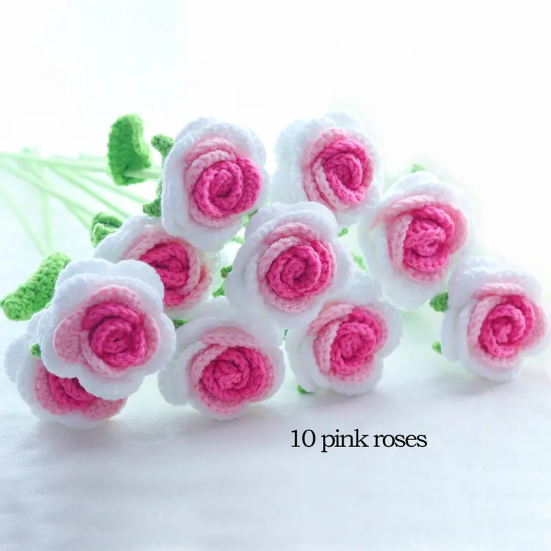 Gradual Change Crochet Rose, 3/6/10pcs Handmade Crochet Rose with Stem, Artificial Flower for Wedding Bridal Bouquet, Home Decor, Valentine's Day Gift Idea 4