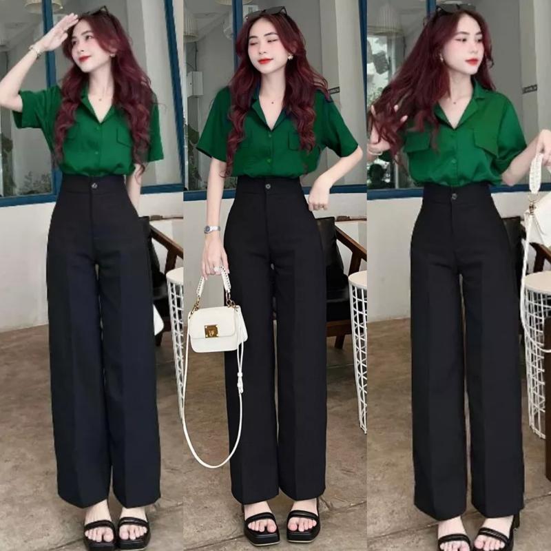 Quần ống rộng nữ cạp cao đi học làm chơi du lịch biển dáng dài quần tây ống rộng nữ lưng cao 1 khuy vải đen dày đáy cao Pants Jean Ong Women Kem Denim