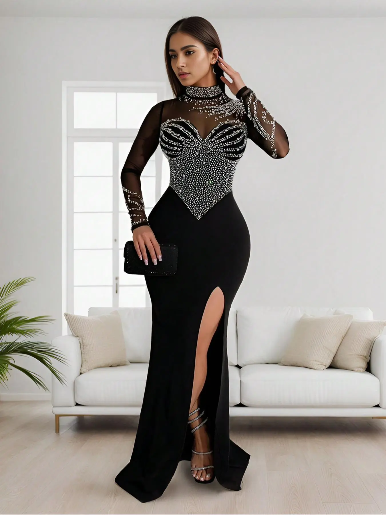 Women's Faux Pearls & Rhinestone Decor Sheer Split Thigh Bodycon Dress, Elegant Mock Neck Split Thigh Long Sleeve Maxi Dress For Evening Party, Ladies Spring & Fall Clothes