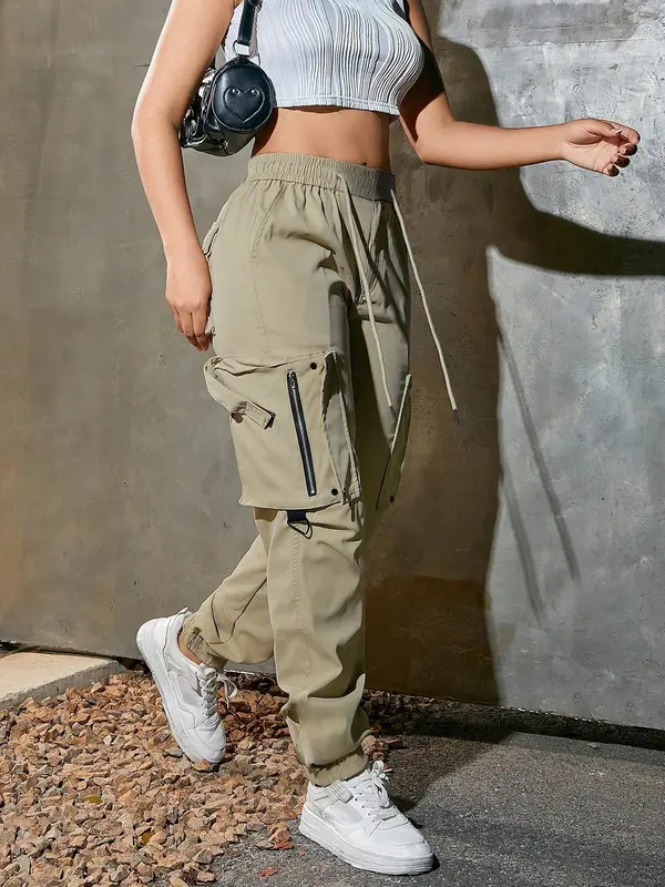Women's Solid Pocket Drawstring Cargo Pants, Street Fashion Casual Trousers for Daily Wear, Ladies Bottoms for Spring & Fall 1