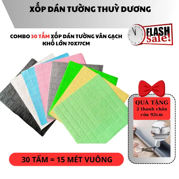 (TẶNG 2 thanh chắn cửa)- COMBO 30 tấm xốp vân gạch kt 70x77cm đủ màu sẵn keo bóc dán dùng decor cải tạo tường ẩm, cũ mốc lâu năm Vietnam Chống tĩnh điện Wallpaper & Wall Trim