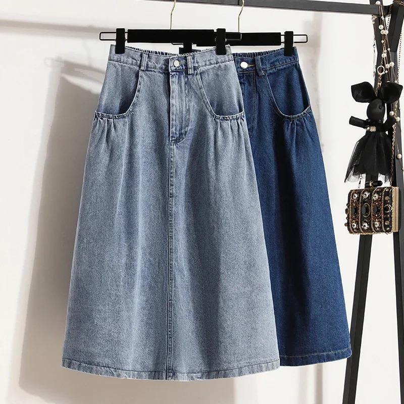 TikTok Shop Large Size 3XL Denim Skirt Women 2024 New Casual Cotton High Waist Jean Skirt Female Mid Long Washed Skirt Lady S 3XL L582