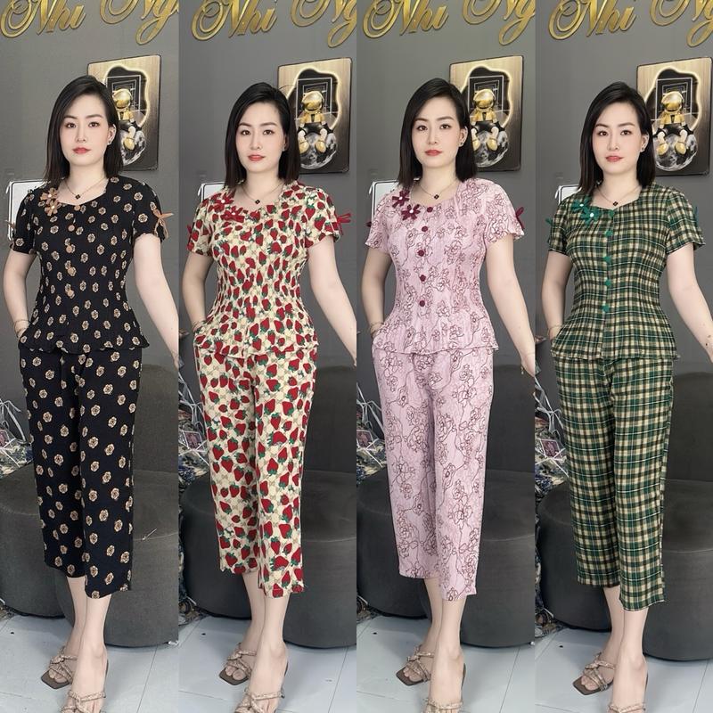 Đồ Bộ mặc nhà cho nữ áo dập ly quần 9 tấc tay búp kết nơ chất lụa mango Women