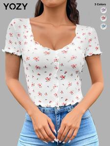 YOZY Women's Ditsy Floral Print Lettuce Trim Tee, Fashion Casual Short Sleeve T-shirt for Summer, Ladies Clothes for Daily Wear, Tops, Womenswear