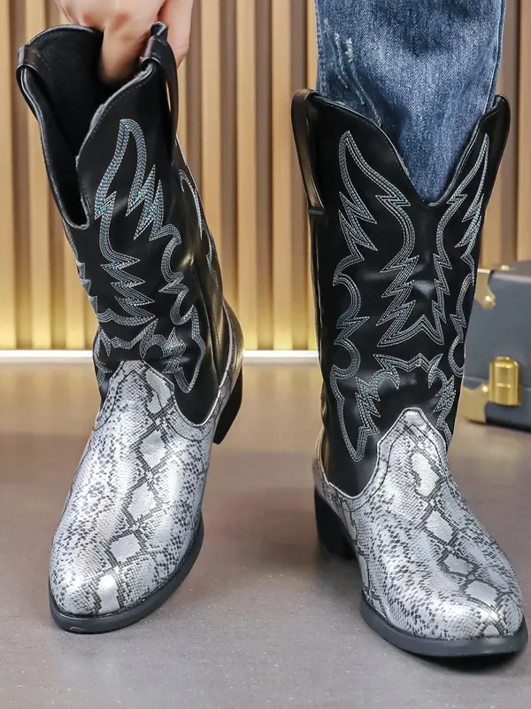 Men's Fashionable Snakeskin Print Embroidering Design Boots, Punk Style Cowboy Boots for Daily Wear, Fashion Vintage Shoes for Party, Daily Clothing Decor 5