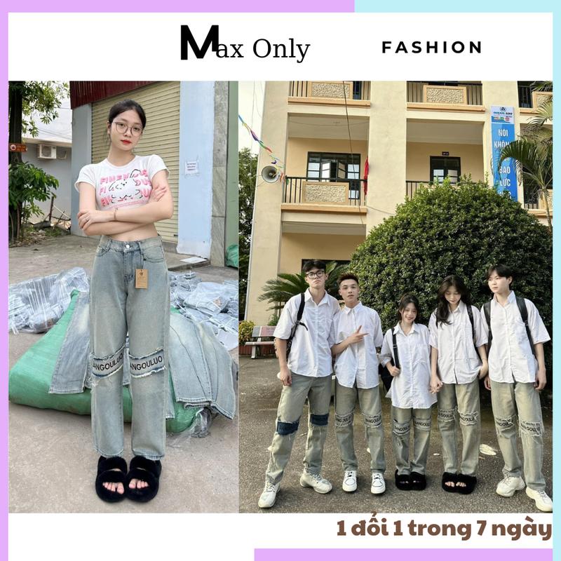 Quần jean bò nam nữ ống suông rộng hoạ tiết chữ thêu vạch gối đẹp 4