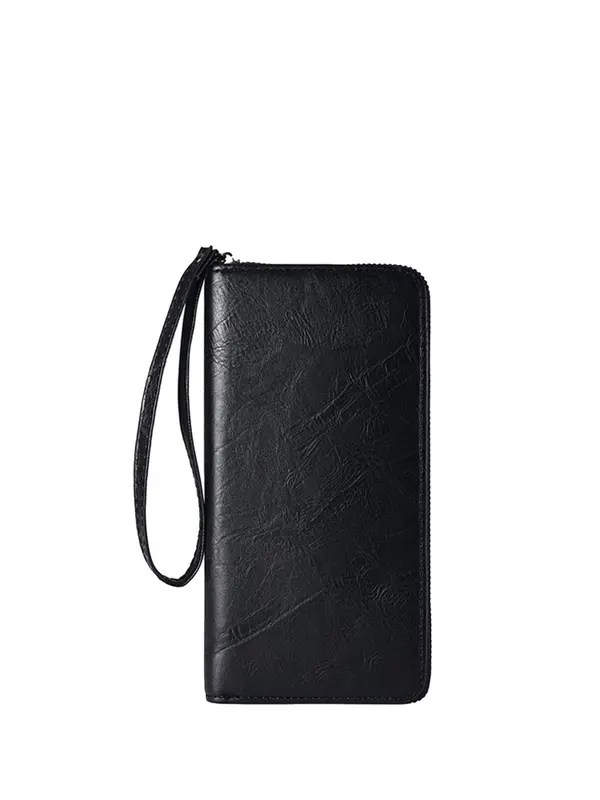 Casual Solid Long Wallet with Lanyard, Large Capacity Card Holder, Basic Trendy Wristlet Wallet for Boys Gift 3
