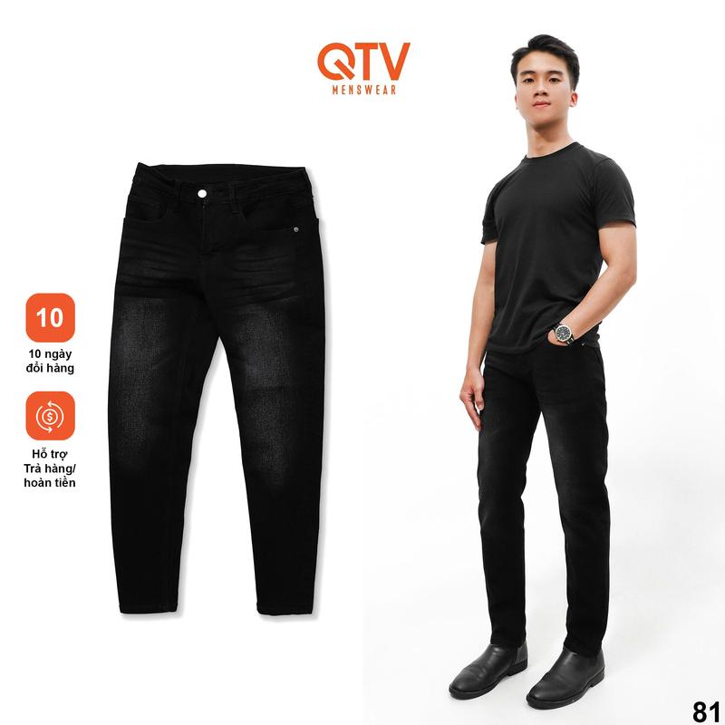 [QTV2] Quần jean nam co giãn, màu đen tuyền wash trắng thời trang, quần rin form ống slimfit_Q81 Pants Menswear Có Túi Cotton Denim
