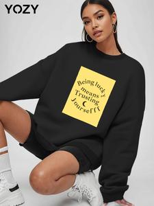 YOZY Women's Letter Print Drop Shoulder Sweatshirt, Casual Long Sleeve Round Neck Pullover for Fall & Winter, Women's Clothes for Daily Wear