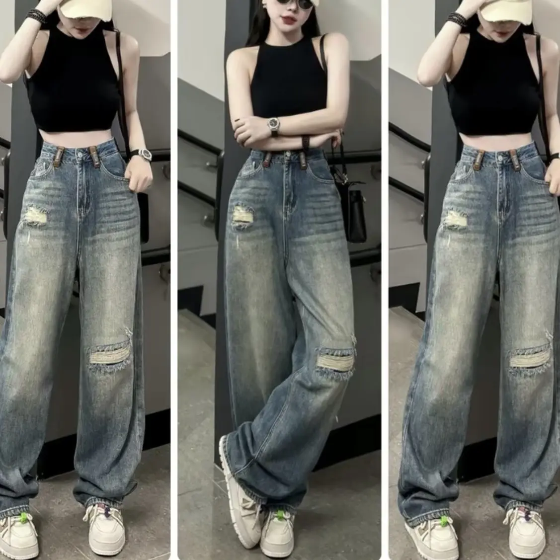 Quần Baggy Jean nữ ống rộng màu xanh bụi ,Quần Jean nữ ống suông Đai lưng kiểu NJ0693