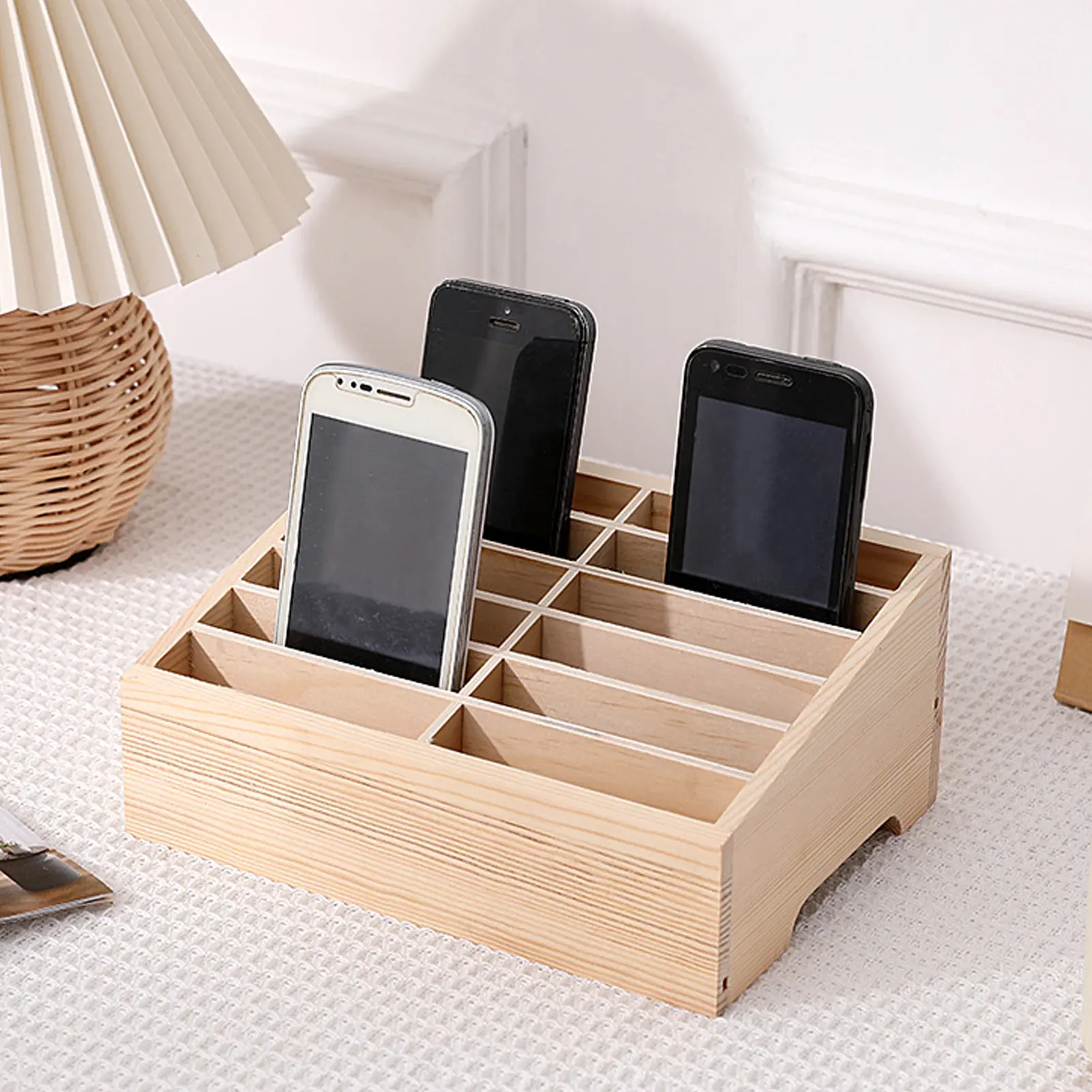 Sryadgn 12/16Grids Wooden Cell Phone Holder Eco-Friendly Free Standing Design Desktop Organizer Phone Display Rack Storage Box