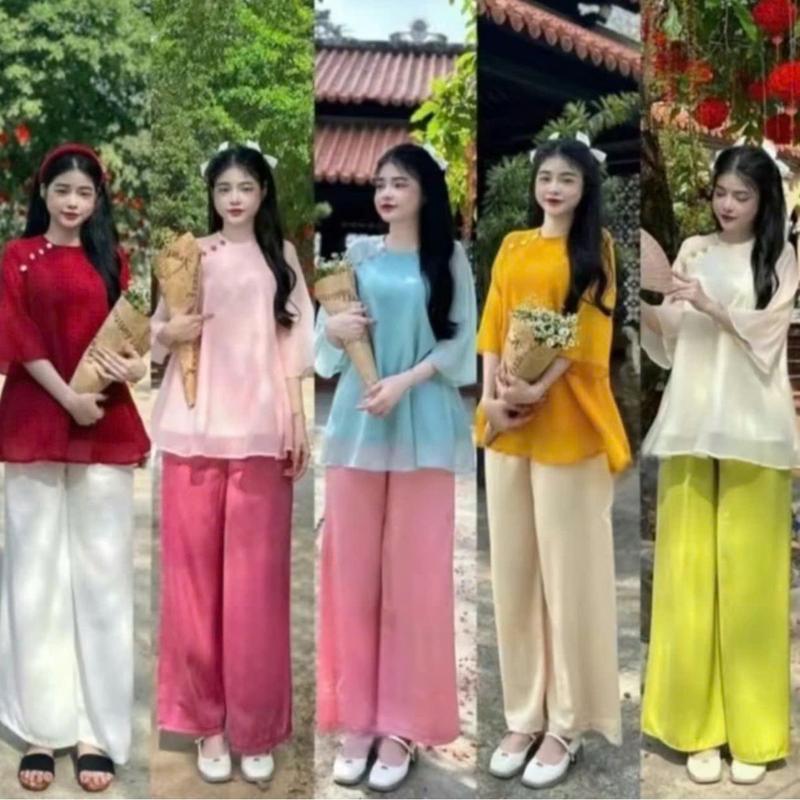 Sét pháp phục đi chùa bigsize 45-90kg ESHOP bộ đồ lam áo tơ voan kèm quần lụa mặc Tết đi chơi set đồ lam cách tân Vu Lan MS317 Nữ  Women Top