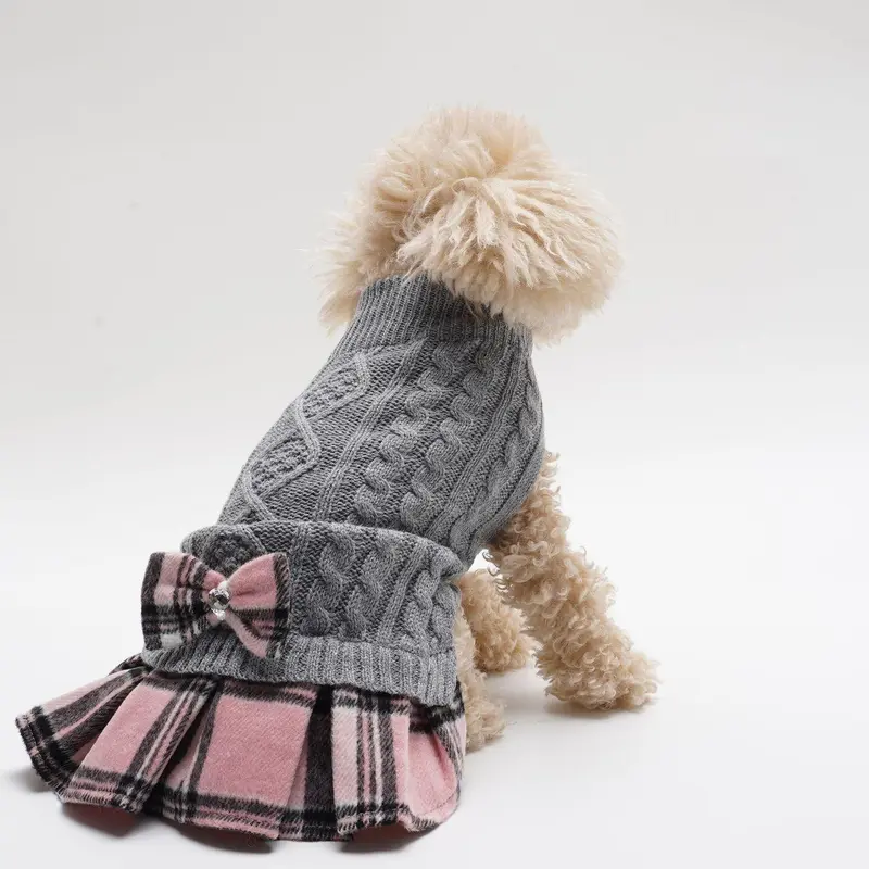 Dog & Cat Plaid Knitted Sweater Set, Cute Knitwear Sweater with Bow Decor, Pet Clothes for Small Medium Dogs & Cats 3