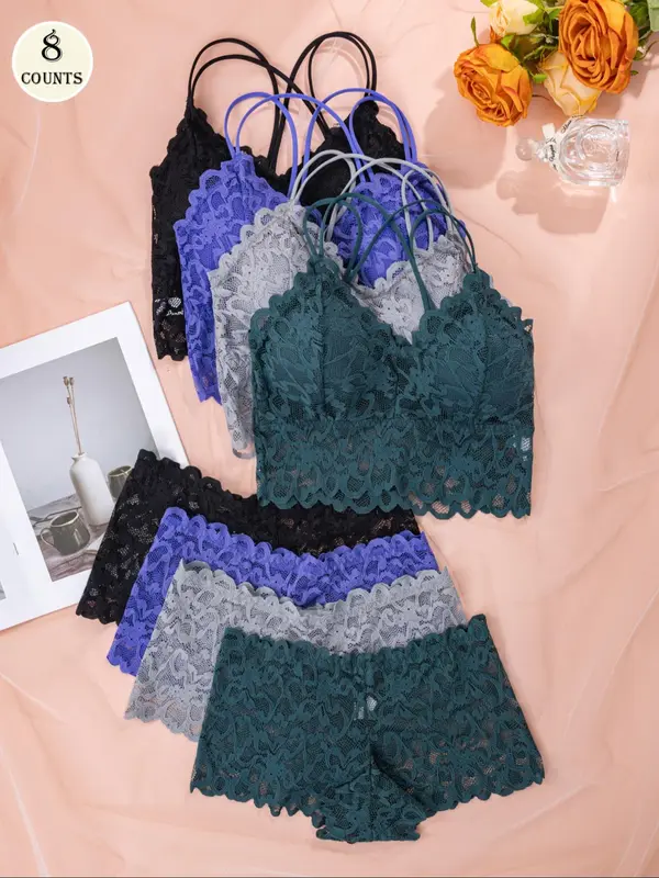 Women's Contrast Lace Backless Bra & Shorts Underwear Set, Sexy Comfy Breathable Lingerie Set for Daily Wear, Underwear Set for Women 2