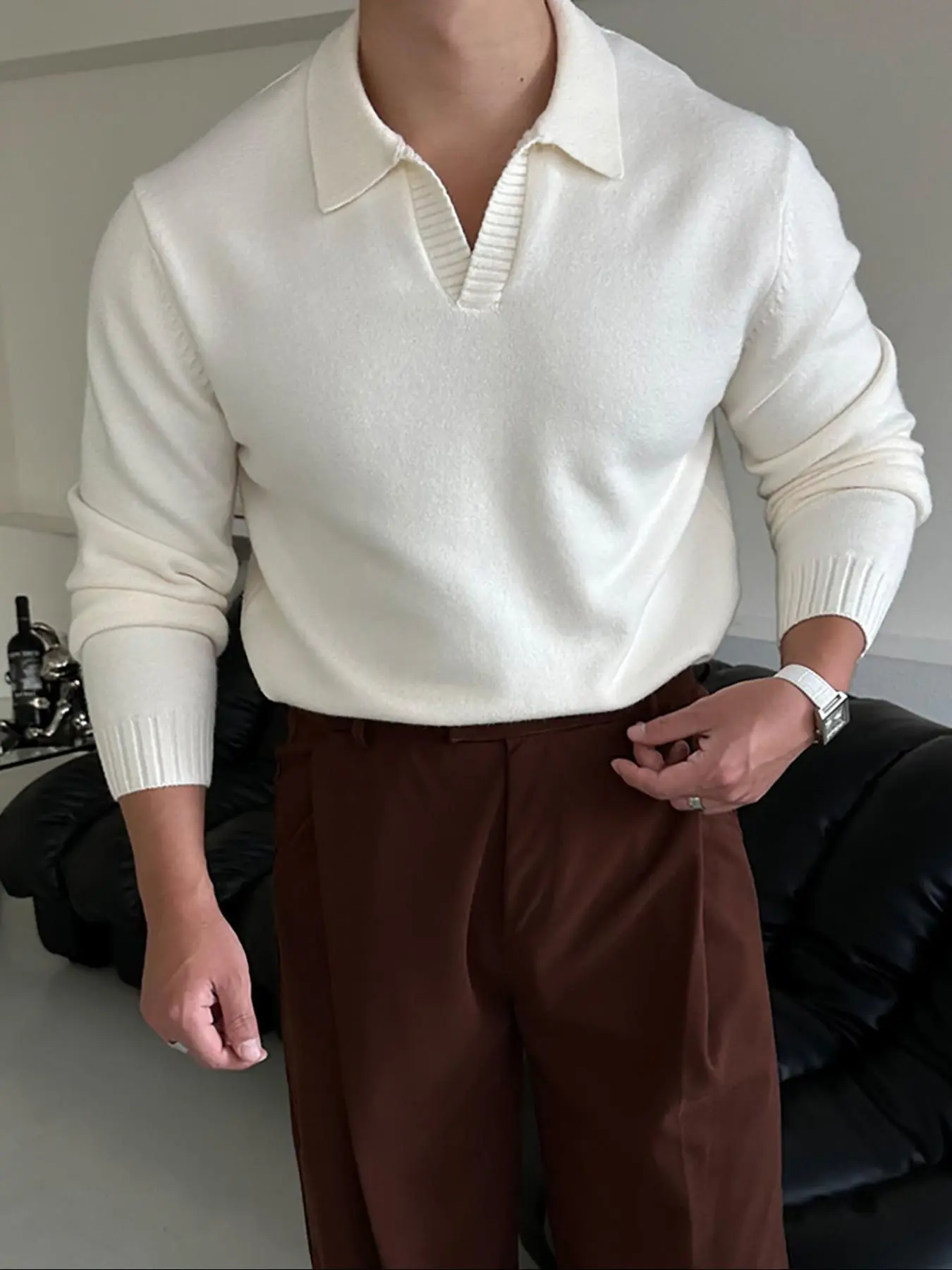 Men's Solid V Neck Collared Sweater, Casual Long Sleeve Jumper for Fall & Winter, Fashion Men's Knitwear for Daily Wear