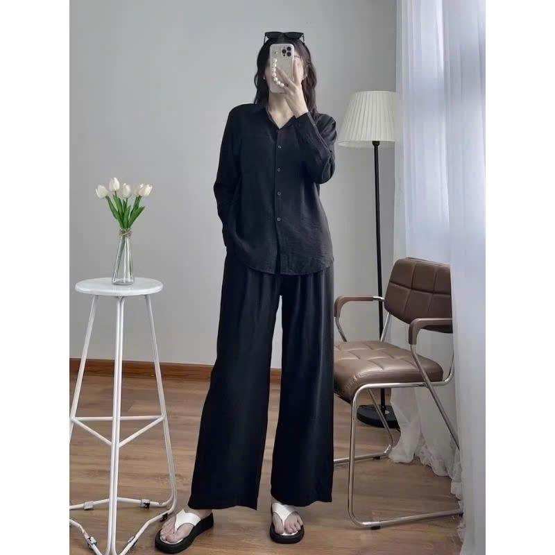 SÉT Áo Nữ Sơ Mi, Quần Ống Rộng Vải Đũi Trắng - Đen. Bộ Đũi Đi Chơi Cực Sang - Chất Vải Đũi Mặc Vừa Nhẹ Vừa Mát- SĐ Dài