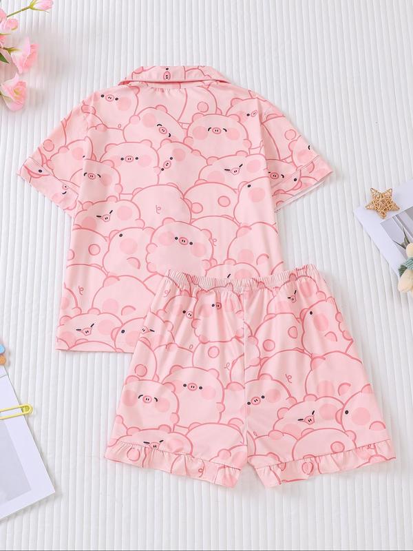 Girl's Cartoon Cat Print Lapel Neck Shirt & Shorts Two-piece Pajamas Set, Cute Casual Short Sleeve Top & Shorts, Kids Sleepwear for All Seasons 5