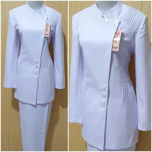 Baju Stelan Putih Perawat dan Bidan Kerah Mandarin Set Rok dan Celana Terbaru Blazer Seragam Setelan Kerja Wanita